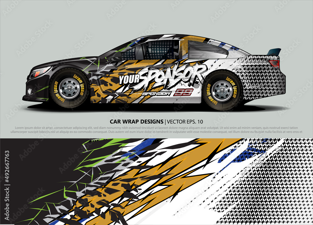 Fototapeta premium Car wrap decal design vector. abstract Graphic background kit designs for vehicle, race car, rally, livery, sport car