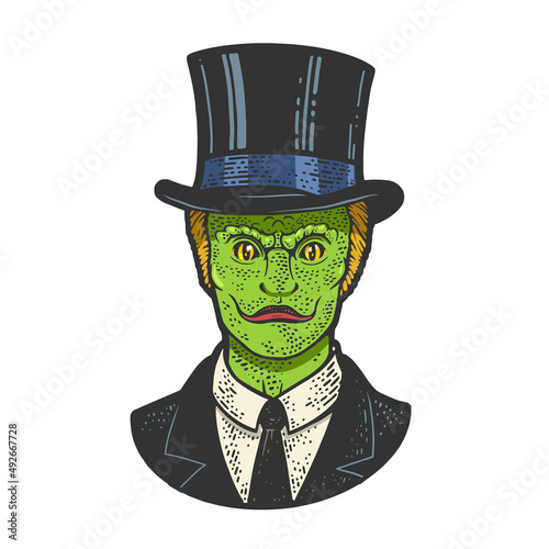 Reptilian humanoid businessman color sketch engraving vector illustration. T-shirt apparel print design. Scratch board imitation. Black and white hand drawn image.