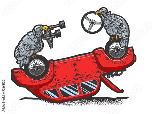 robot vulture disassemble car color sketch engraving vector illustration. T-shirt apparel print design. Scratch board imitation. Black and white hand drawn image.