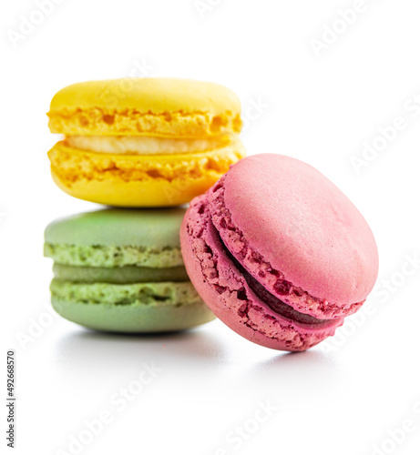 Sweet colorful macarons. Traditional french macaroons. Tasty dessert