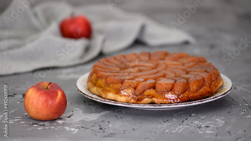 Traditional French Tarte Tatin with caramelized apples and crust pastry.