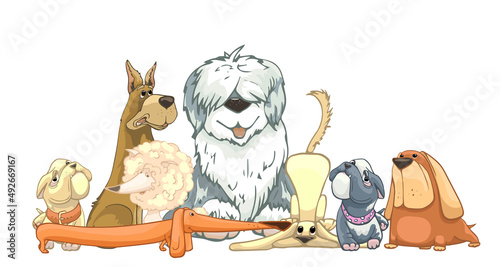 group of dogs, vector illustration group of dogs, vector illustration of cute animals for background, wallpaper, print, commander, shepherd, dachshund, bulldog, pug, poodle, labrador? 

color hand dra photo