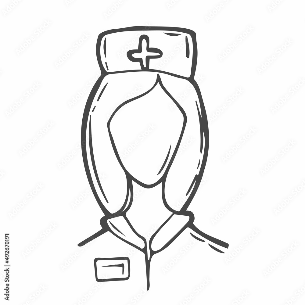 Doodle nurse face, head icon, wearing hat with cross, isolated on white background. Medical symbol. Doodle vector illustration. Doodle nurse face, head icon, wearing hat with cross, isolated on white background. Medical symbol. Doodle vector illustration.