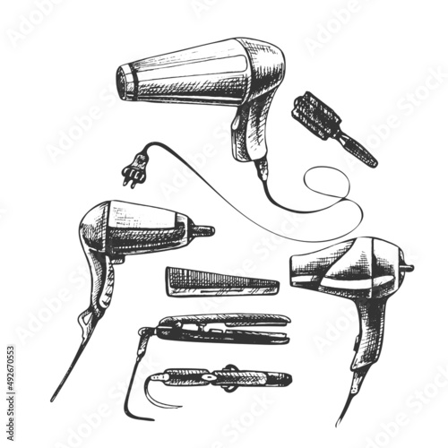 hairdryer, comb, curling iron, salon set hairdryer, comb, curling iron, salon set, isolated hair care items, graphics, hand drawing, design, beauty salon symbols