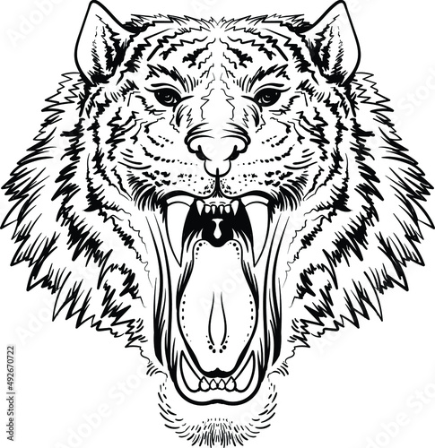 The Vector logo tiger for tattoo or T-shirt design or outwear.  Hunting style big cat print on black background. This hand drawing is for black fabric or canvas.