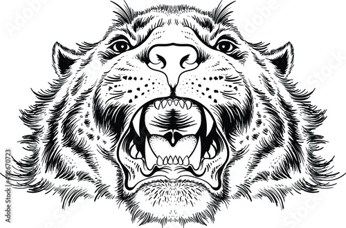 The Vector logo tiger for tattoo or T-shirt design or outwear.  Hunting style big cat print on black background. This hand drawing is for black fabric or canvas.