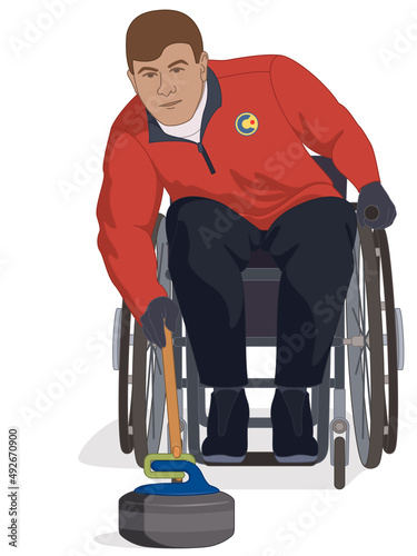 para sports paralympic curling, physical disabled male curler sitting in specialized wheelchair sliding rock with delivery stick isolated on a white background