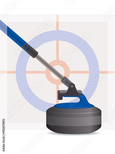 para sports paralympics curling rock and delivery device sliding, close-up view, with target on ice in the background