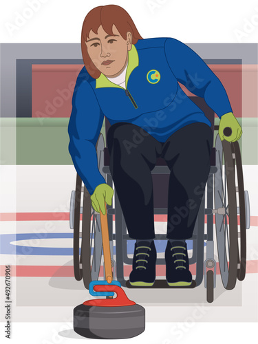 para sports paralympic curling, physical disabled female curler sitting in specialized wheelchair sliding rock with delivery stick on ice with target in background