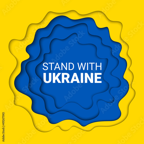 Vector paper cut yellow and blue background illustration of Pray For, Stand With, Stop War concept with prohibition sign on flag colors. Stand with Ukraine and military attack banner