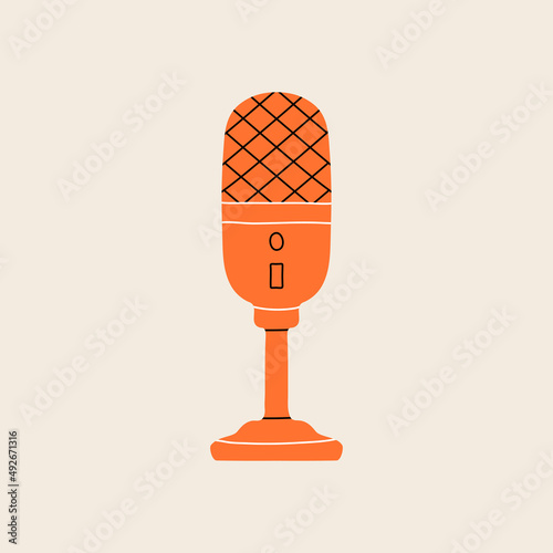 Podcast element in modern style flat, line style. Hand drawn vector illustration of microphone. Fashion patch, badge, emblem.