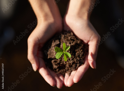 The key to a greener planet is in your hands. Shot of an unidentifiable young woman holding a seedling in a pile of soil.