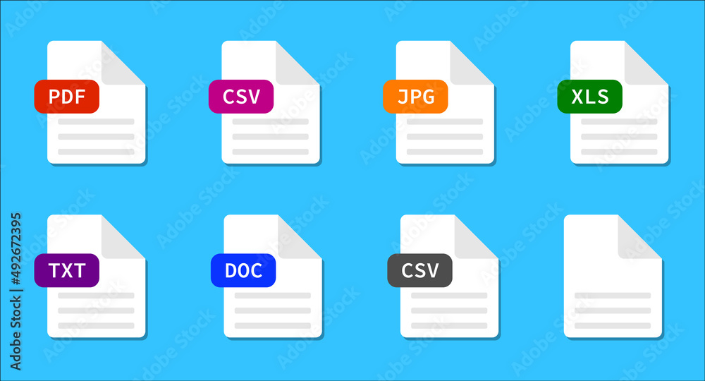 Icons of document and file format. Vector symbols set of file type, extension. Presentations for web. Signs illustration of text, doc label.Design of application images isolated.Computer graphic file