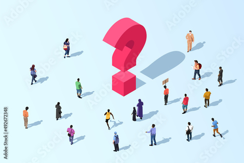 isometric vector. People of different nationalities gathered for a rally or protest. Ask questions in the community. The concept of a population survey. Red question and exclamation point. 