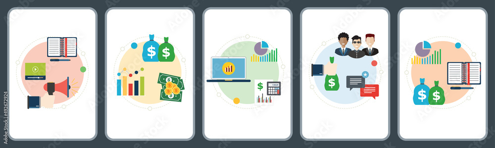 Business, communication, marketing, strategy and finance icons.