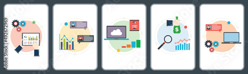 Concepts of report market, gains financial, data organization and accountancy chart. Flat design icons in vector illustration.