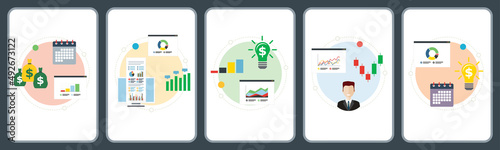 Concepts of financial profitability, financial application, expertise investment and stock market investor. Flat design icons in vector illustration.