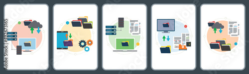 Computer, backup, report, data and cloud computing icons. Concepts of backup cloud computing, backup laptop data, send and receive data. Flat design icons in vector illustration.