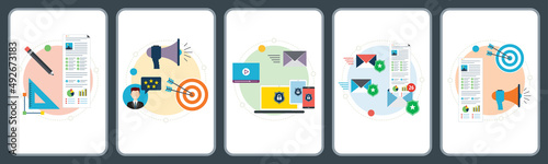 Marketing, safety, computer, communication and business icons. Concepts of digital marketing, experience and safety communication, protection email marketing. Flat design icons in vector illustration.