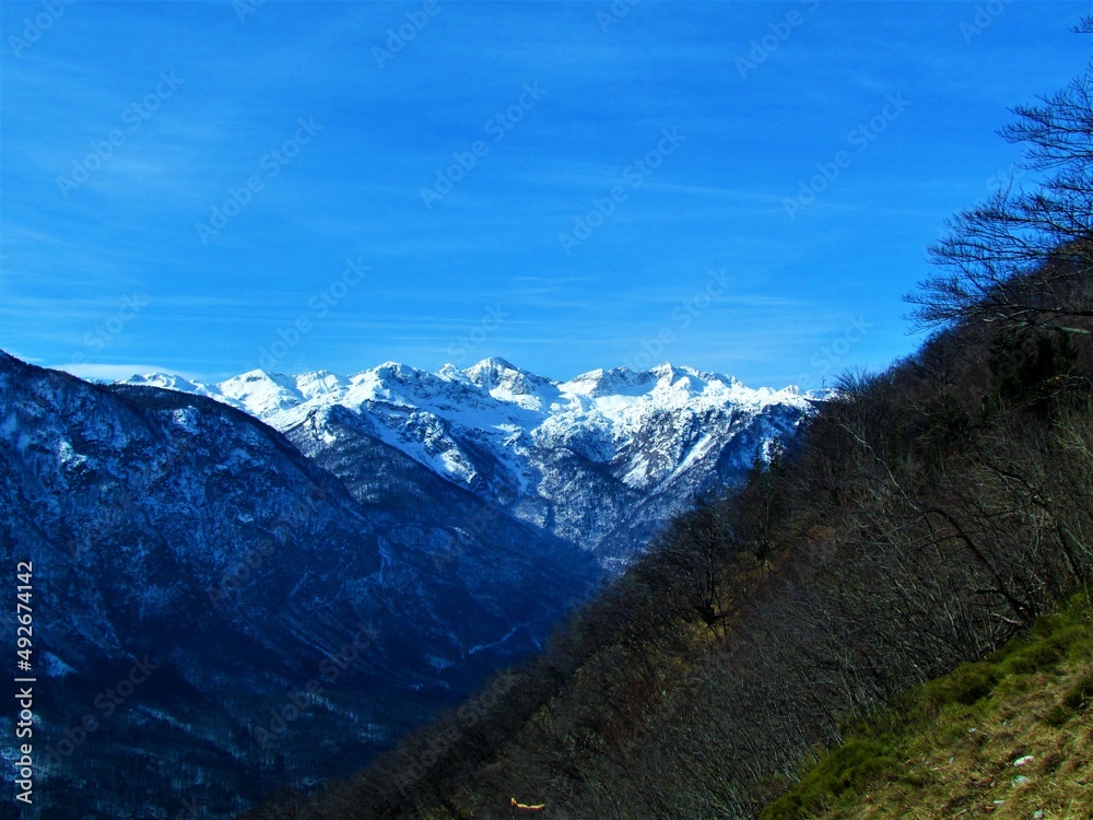 Scenic winter view of snow covered mountains Mahavscek and Tolminski Kuk rising above Bohinj valley taken from Vogar in Triglav national park and Julian alps, Gorenjska Slovenia