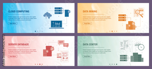 Cloud computing, mining, server, database and data icons. Concepts of cloud computing, data mining, server database and data center.