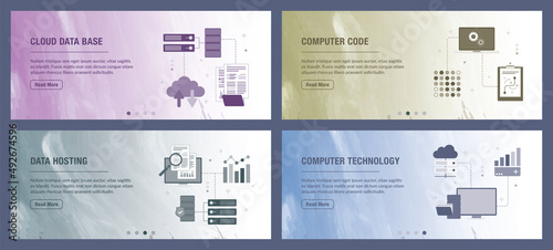 Cloud data, computer, code, hosting and technology icons. Concepts of cloud data base, computer code, data hosting and computer technology. 