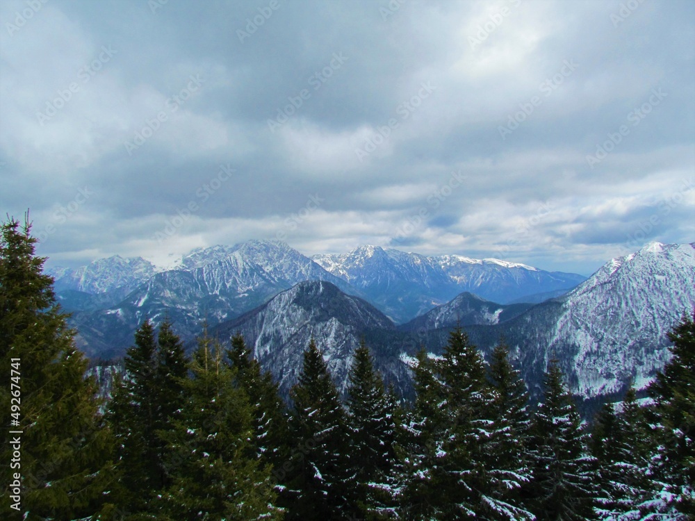 Scenic winter view of snow covered mountains Skuta and Grintovec in Kamnik-Savinja alps in Gorenjska Slovenia and forest covered hills in front on a cloudy day
