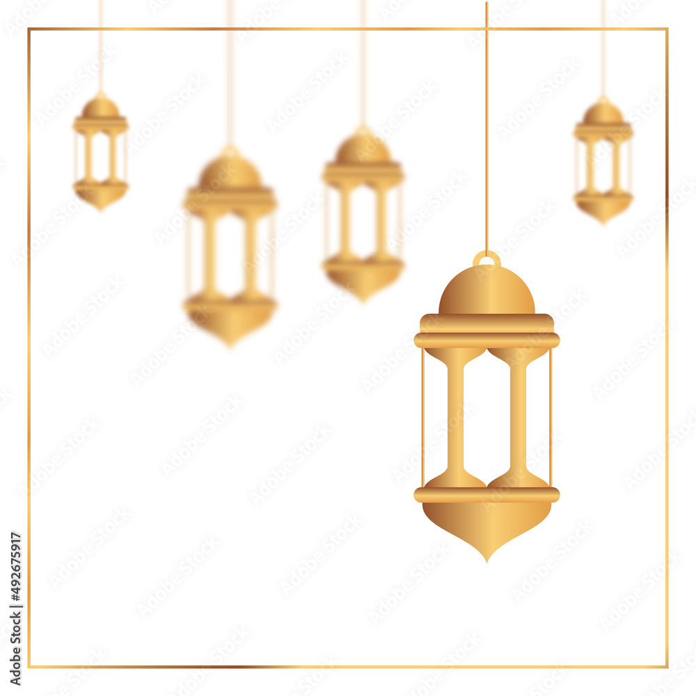 Oriental lamps. Arab lanterns hang on gold chains. Isolated realistic decorative lighting. Ramadan vector banner. Illustration lantern and lamp light muslim Oriental lamps. Arab lanterns hang on gold chains. Isolated realistic decorative lighting. Ramadan vector banner. Illustration lantern and lamp light muslim