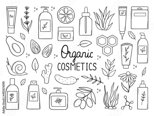 Hand drawn set of organic cosmetics doodle. Natural ingredients, herbs in sketch style. Natural products: cream, mask, shampoo and lotion. Vector illustration isolated on white background.