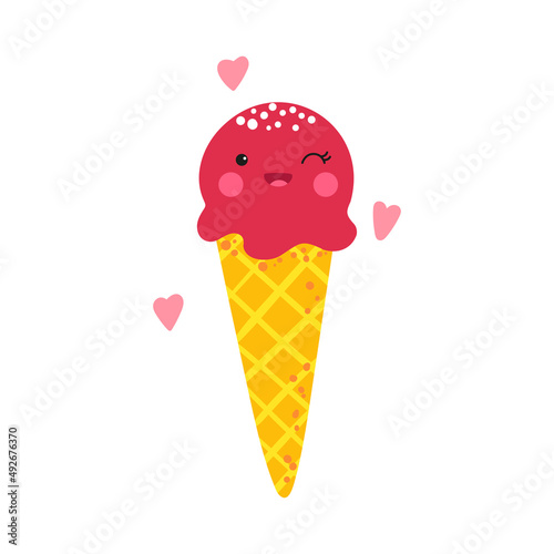 Cute cartoon fruit cone ice cream isolated on white background. Funny vector food character for kids textile or printing on any surface