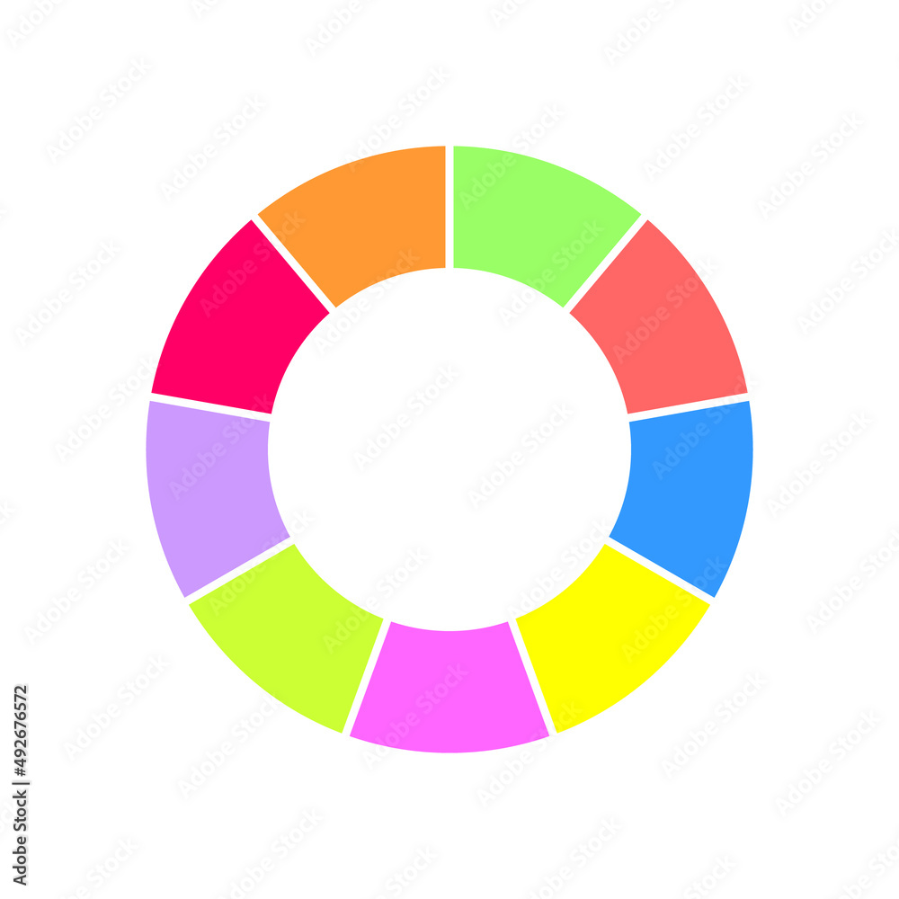 Donut chart segmented into 9 equal parts. Colorful circle diagram. Infographic wheel icon. Round shape cut in nine sections isolated on white background. Vector flat illustration Donut chart segmented into 9 equal parts. Colorful circle diagram. Infographic wheel icon. Round shape cut in nine sections isolated on white background. Vector flat illustration