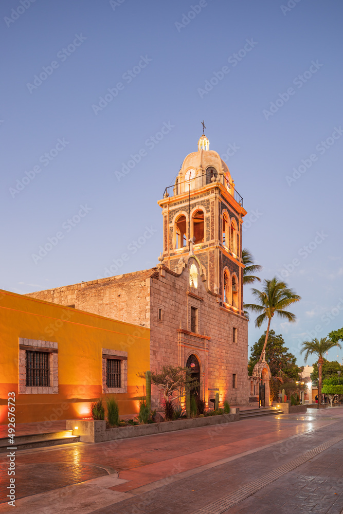 Bell tower on the Loreto Missioin church at sunset.