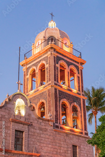 Bell tower on the Loreto Missioin church at sunset.