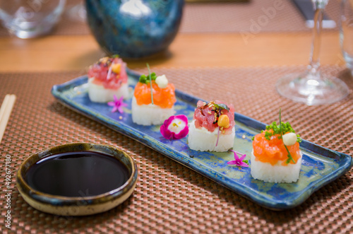 Delicious premium salmon and tuna Oshizushi sushi (Batera sushi) photo