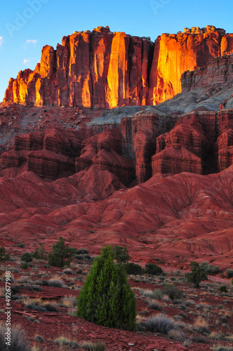 Sunset on the geological layers near Chimney Rock, Capitol Reef National Park, Utah, Southwest USA