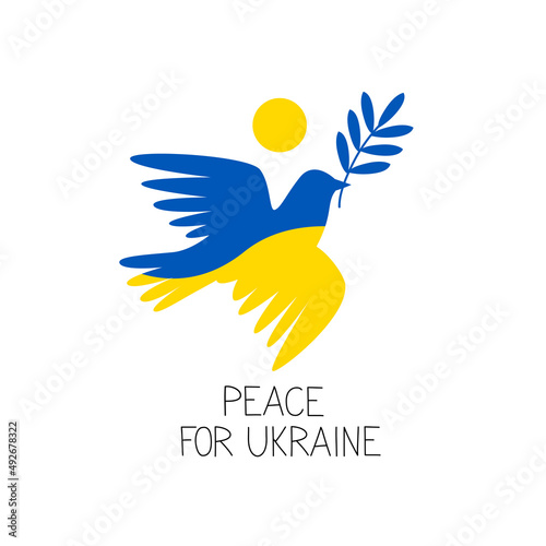 Dove of Peace in Ukranian flag colors blue and yellow. Pray for peace in Ukraine concept banner. Flying pigeon with a twig in a beak for Ukraine freedom. Vector illustration