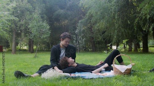 Two guys had a picnic in nature in the summer and relaxed. LGBT