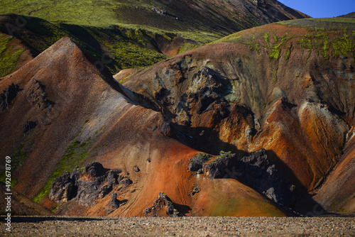 The shapes and colors of the rhyolite ridges and hills on a hiking trail around Landmannalaugar, Fjallabak Nature Reserve, Central Highlands, Iceland photo