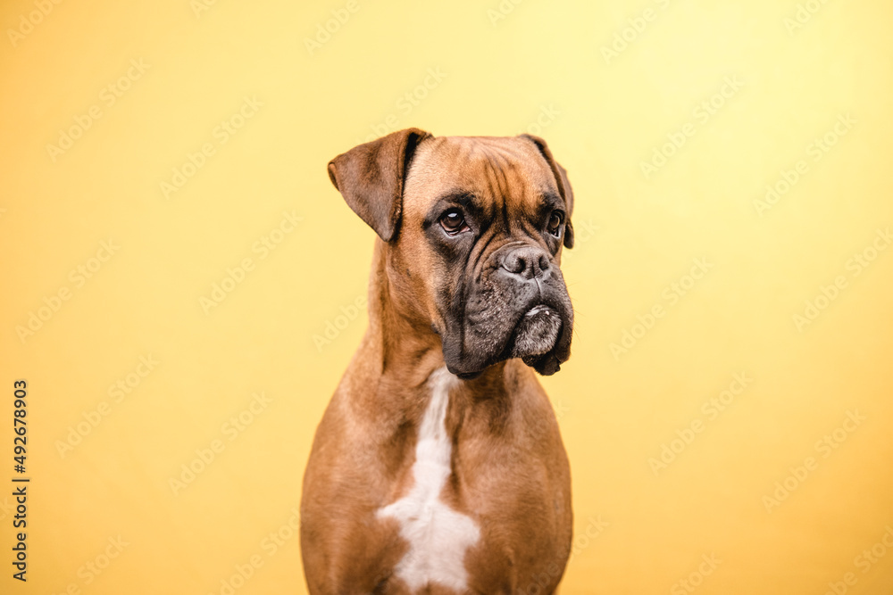 Close up view of a boxer dog looking away while standing over an isolated yellow background.