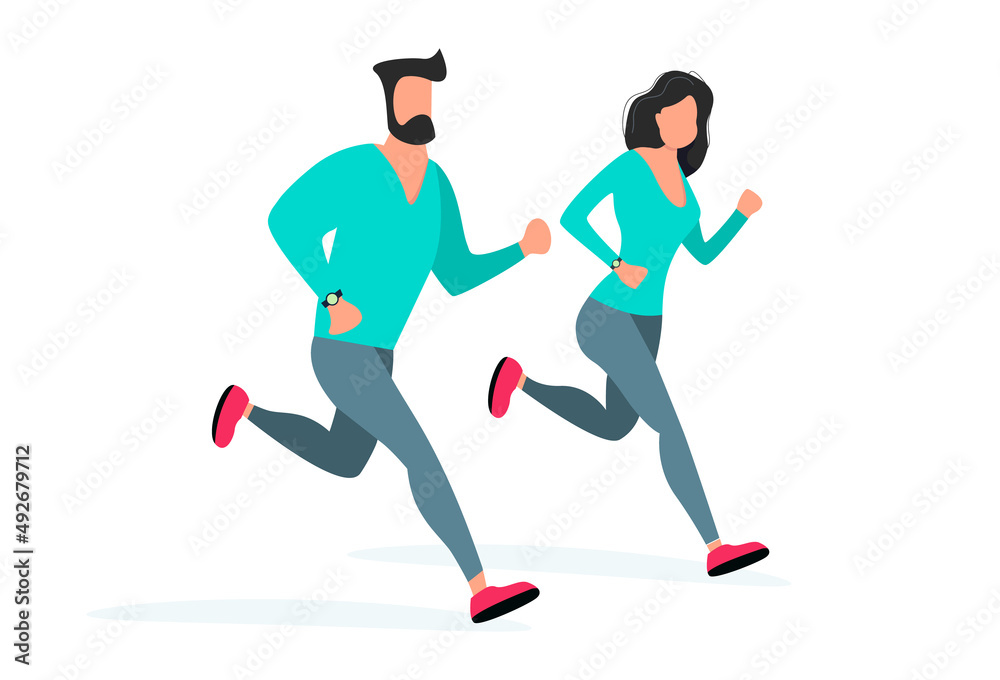 Couple running. Man and woman do fitness, run. Vector illustration in flat cartoon style on white background Couple running. Man and woman do fitness, run. Vector illustration in flat cartoon style on white background