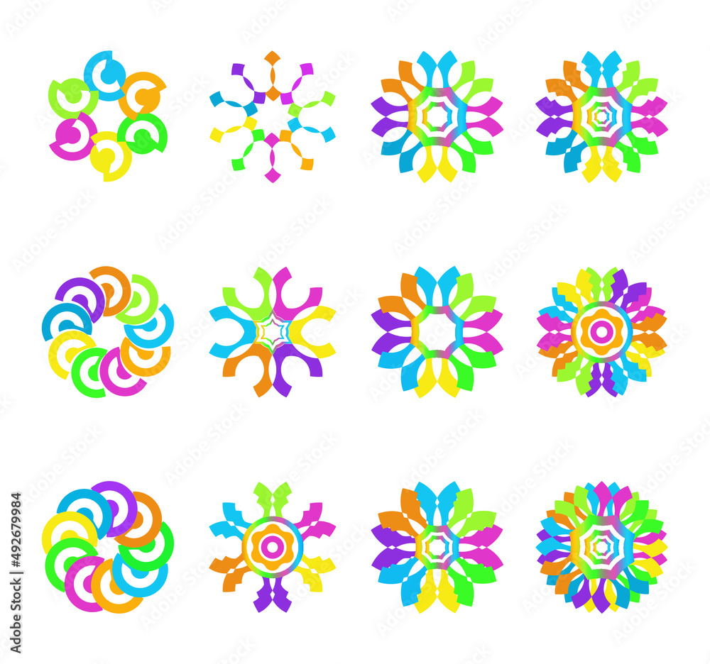 Collection of bright vivid flowers and Abstract Symbols. Isolated On White Background. Logo Flat Symbols. Vector Illustration. Collection of bright vivid flowers and Abstract Symbols. Isolated On White Background. Logo Flat Symbols. Vector Illustration.