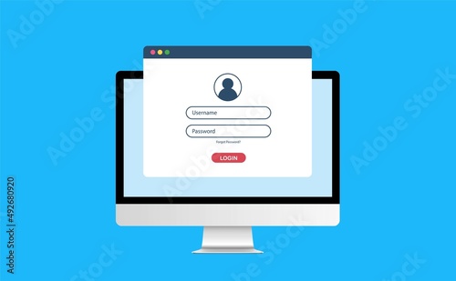 Computer with authorisation on the screen, login and password of the user to the system or account, vector illustration photo