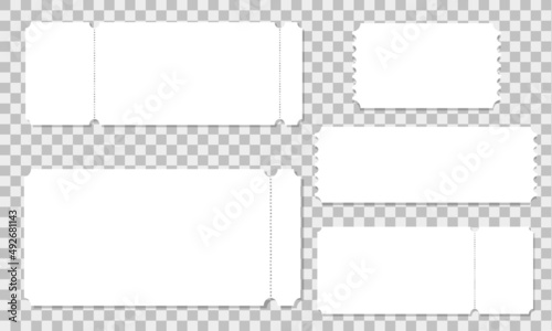 Set of ticket mockups. Collection of empty paper entry tickets for event, concert, movie, museum, festival, theater, exhibition isolated on transparent background. Vector illustration