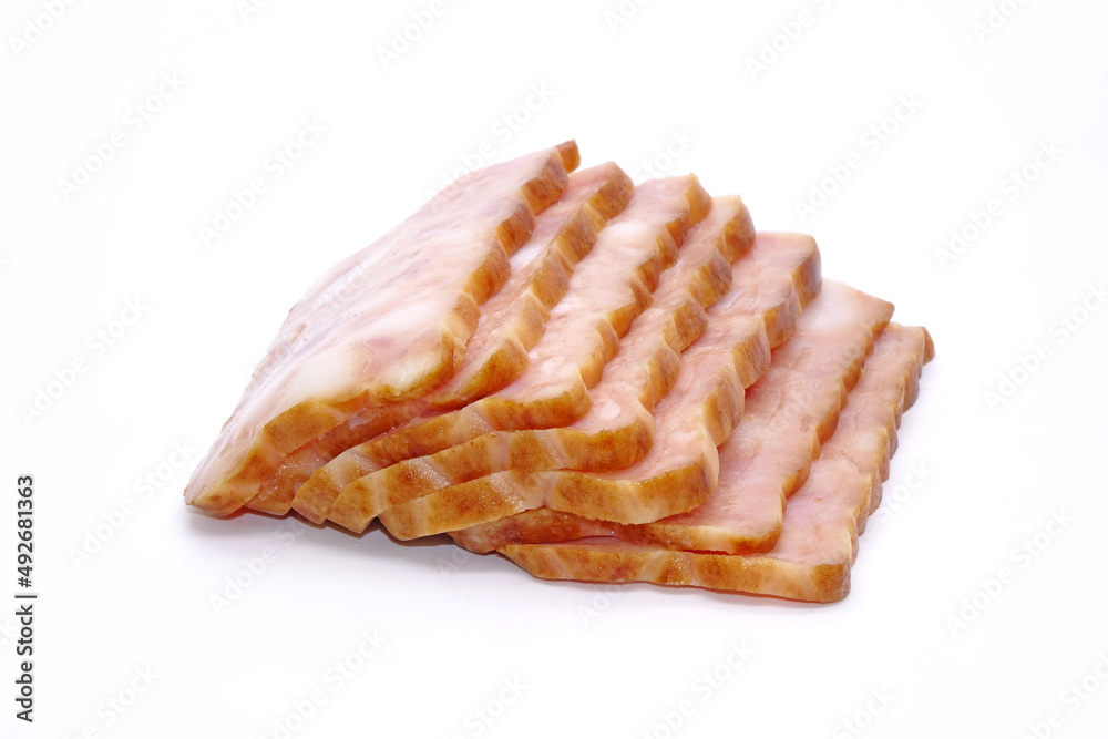Minced smoked pork slices, thick cut marble bacon isolated on white background