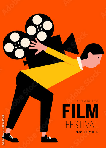 Movie and film poster design template background with vintage film reel