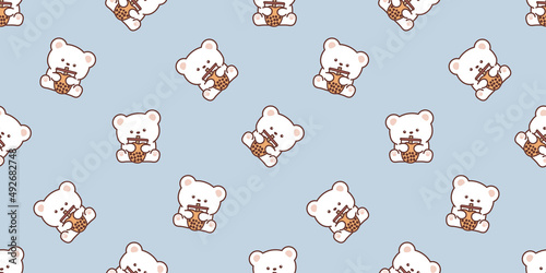 Cute polar bear with bubble tea cartoon seamless pattern, vector illustration