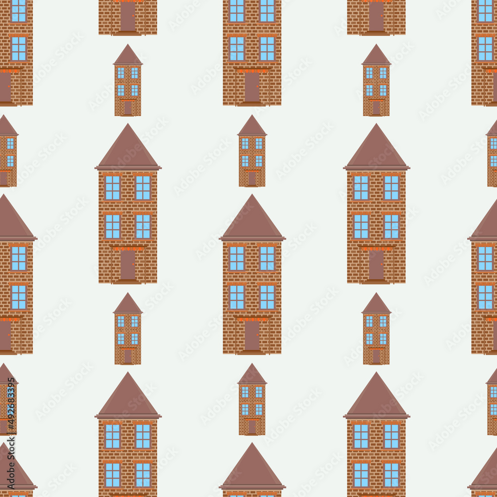 Beautiful cute brick houses. Seamless pattern with houses in pastel shades