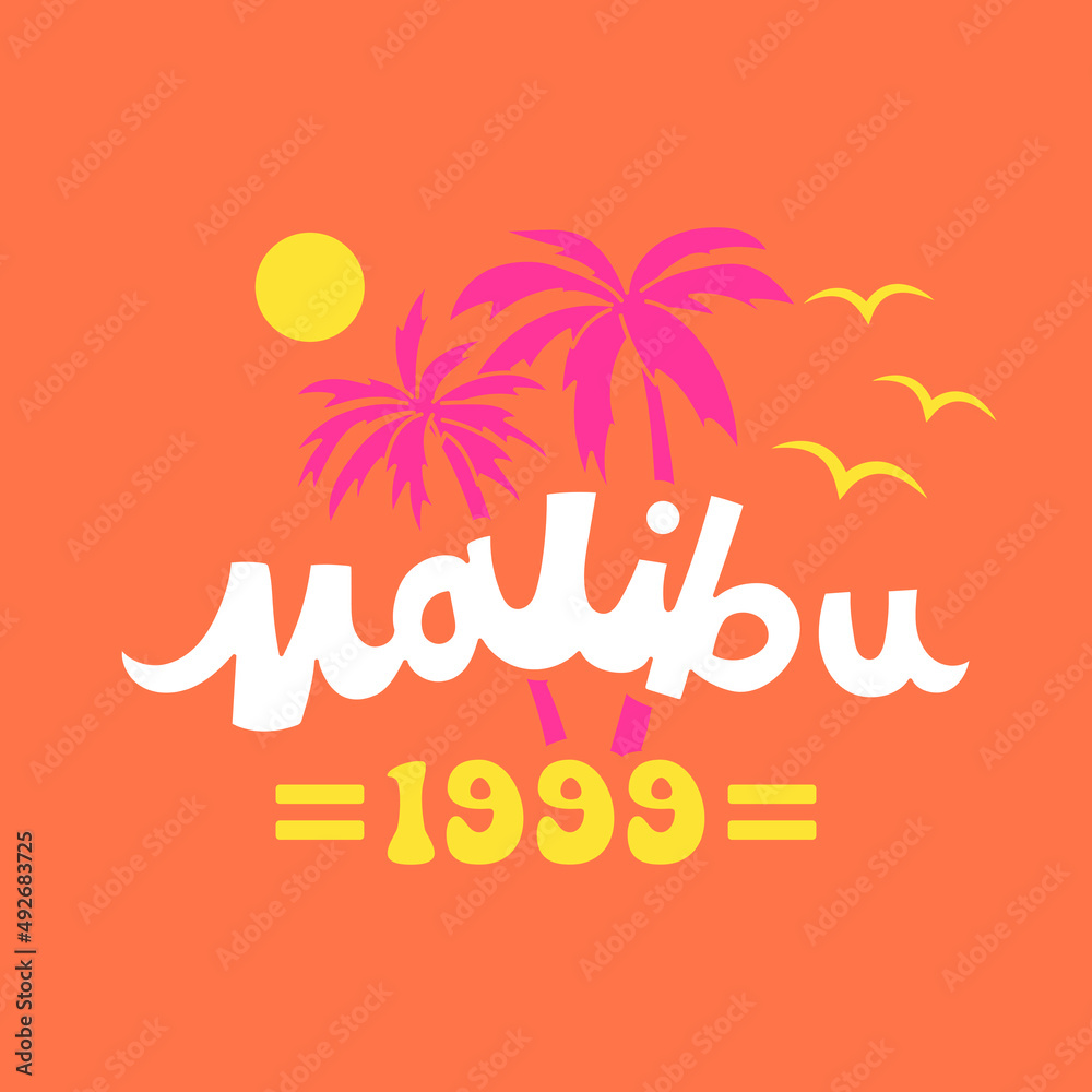 MALIBU BEACH ILLUSTRATION WITH PALM TREES, SLOGAN PRINT VECTOR