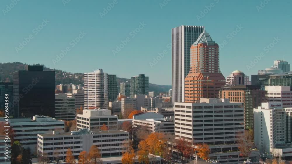 4K Aerial Downtown Portland Drone truck right to left shot