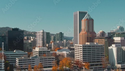 4K Aerial Downtown Portland Drone truck right to left shot photo